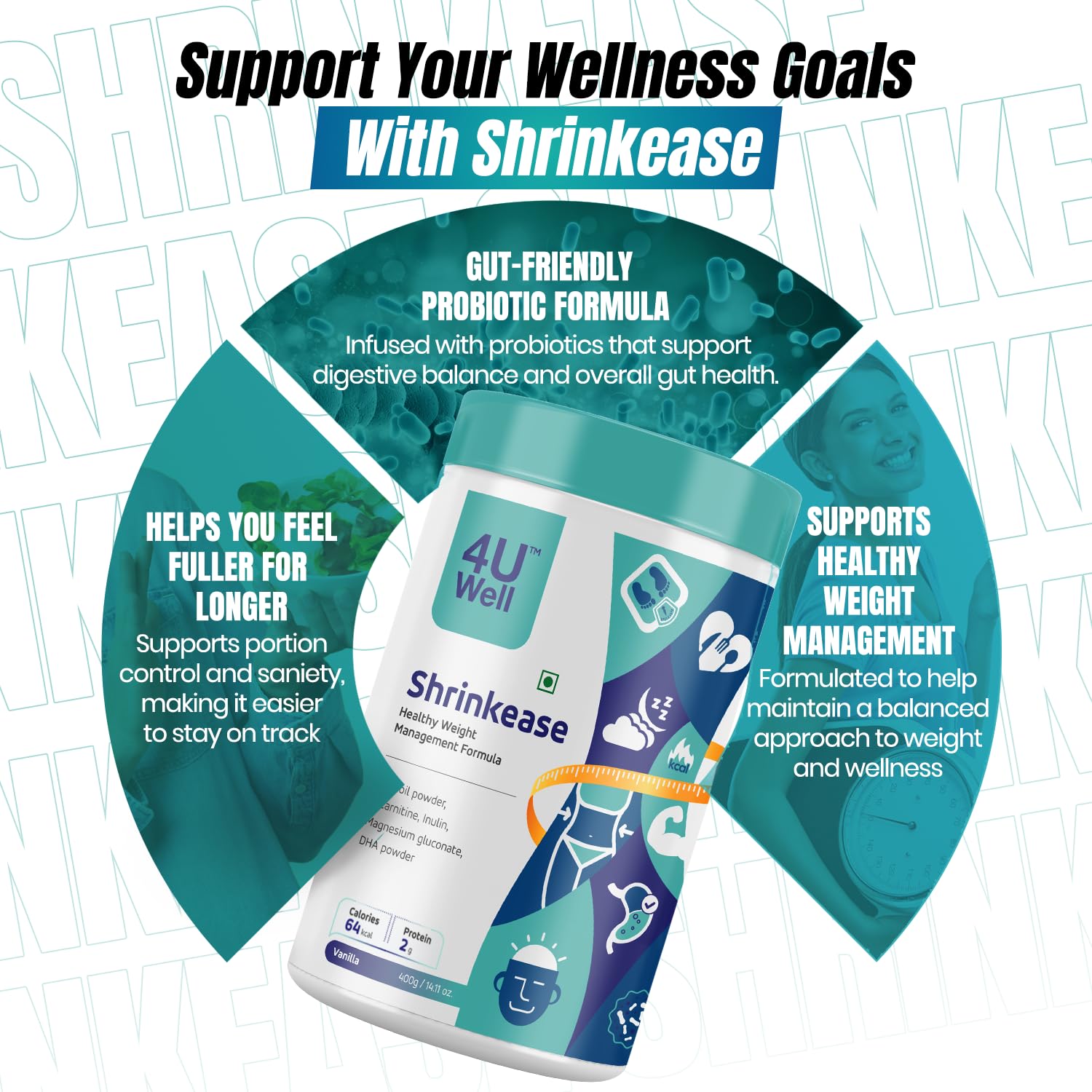4 U Well Shrinkease Weight Management Powder, 400g, Meal Replacement Shake with Shaker - front view