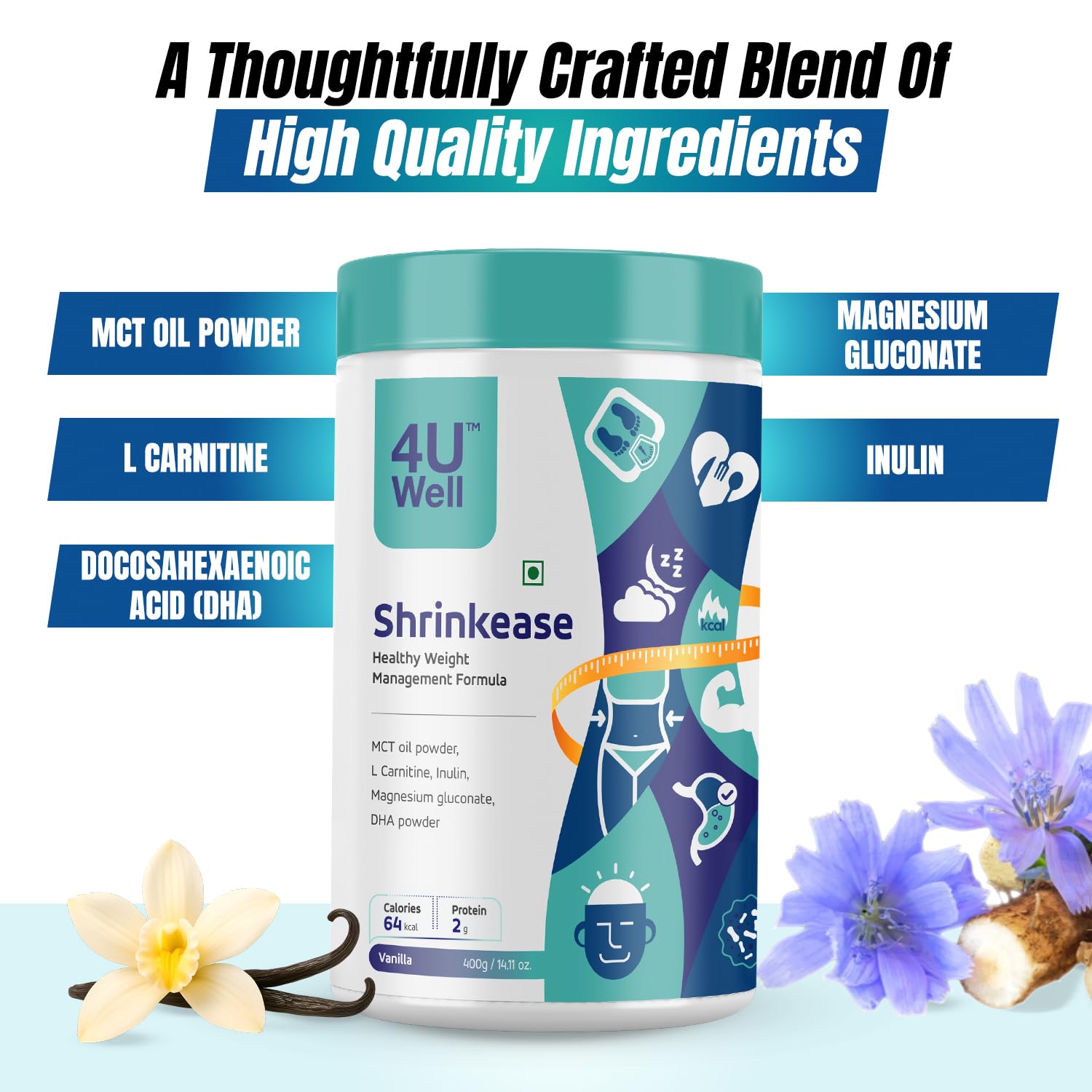 4 U Well Shrinkease Weight Management Powder, 400g, Meal Replacement Shake with Shaker - back view