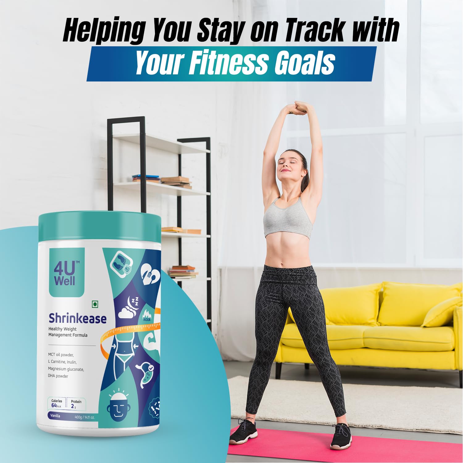 4 U Well Shrinkease Weight Management Powder, 400g, Meal Replacement Shake with Shaker - packaging