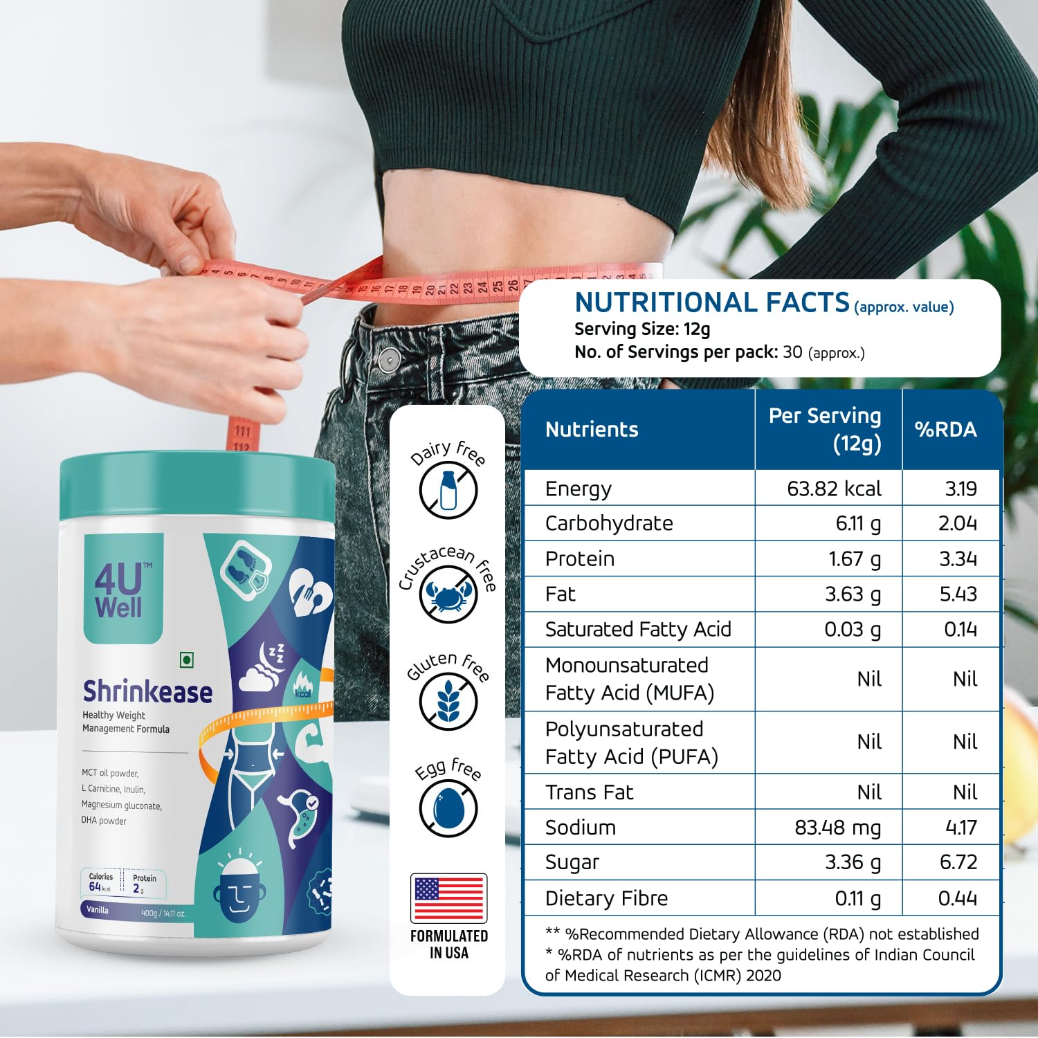 4 U Well Shrinkease Weight Management Powder, 400g, Meal Replacement Shake with Shaker - label detail