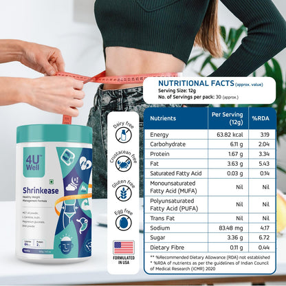 4 U Well Shrinkease Weight Management Powder, 400g, Meal Replacement Shake with Shaker - label detail