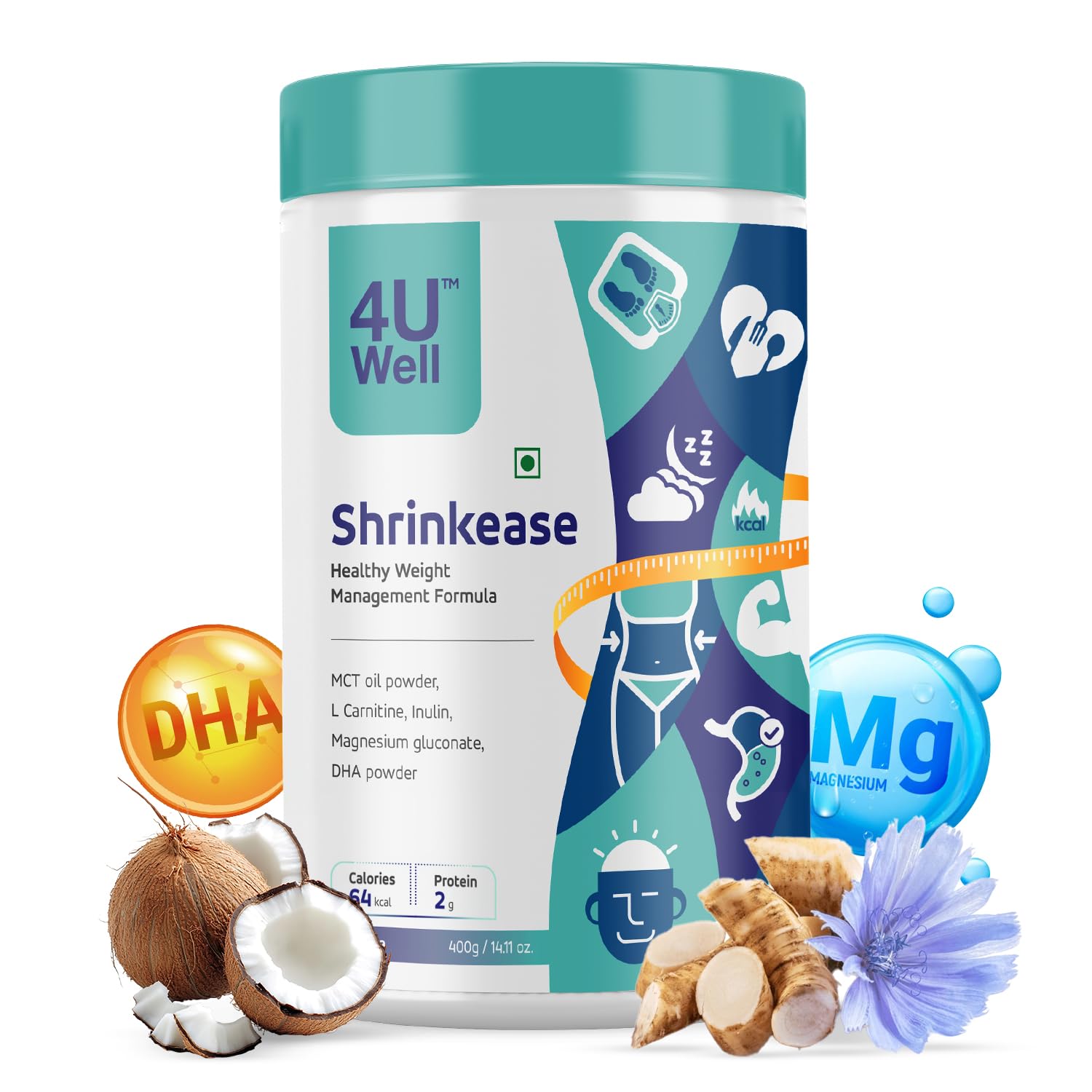 4 U Well Shrinkease Weight Management Powder, 400g, Meal Replacement Shake with Shaker - close-up detail