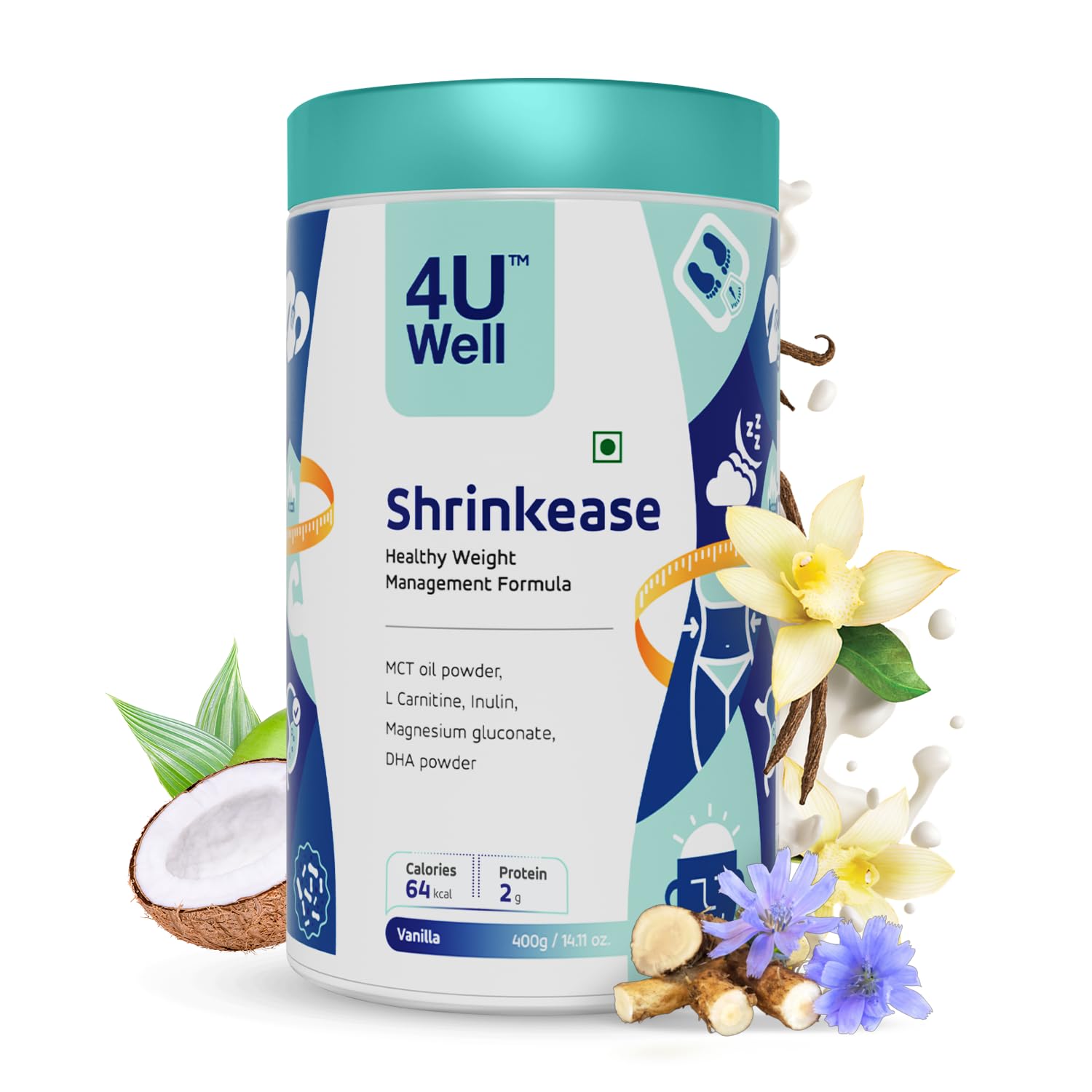4 U Well Shrinkease Weight Management Powder, 400g, Meal Replacement Shake with Shaker - size and scale