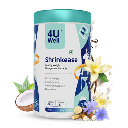 4 U Well Shrinkease Weight Management Powder, 400g, Meal Replacement Shake with Shaker - size and scale