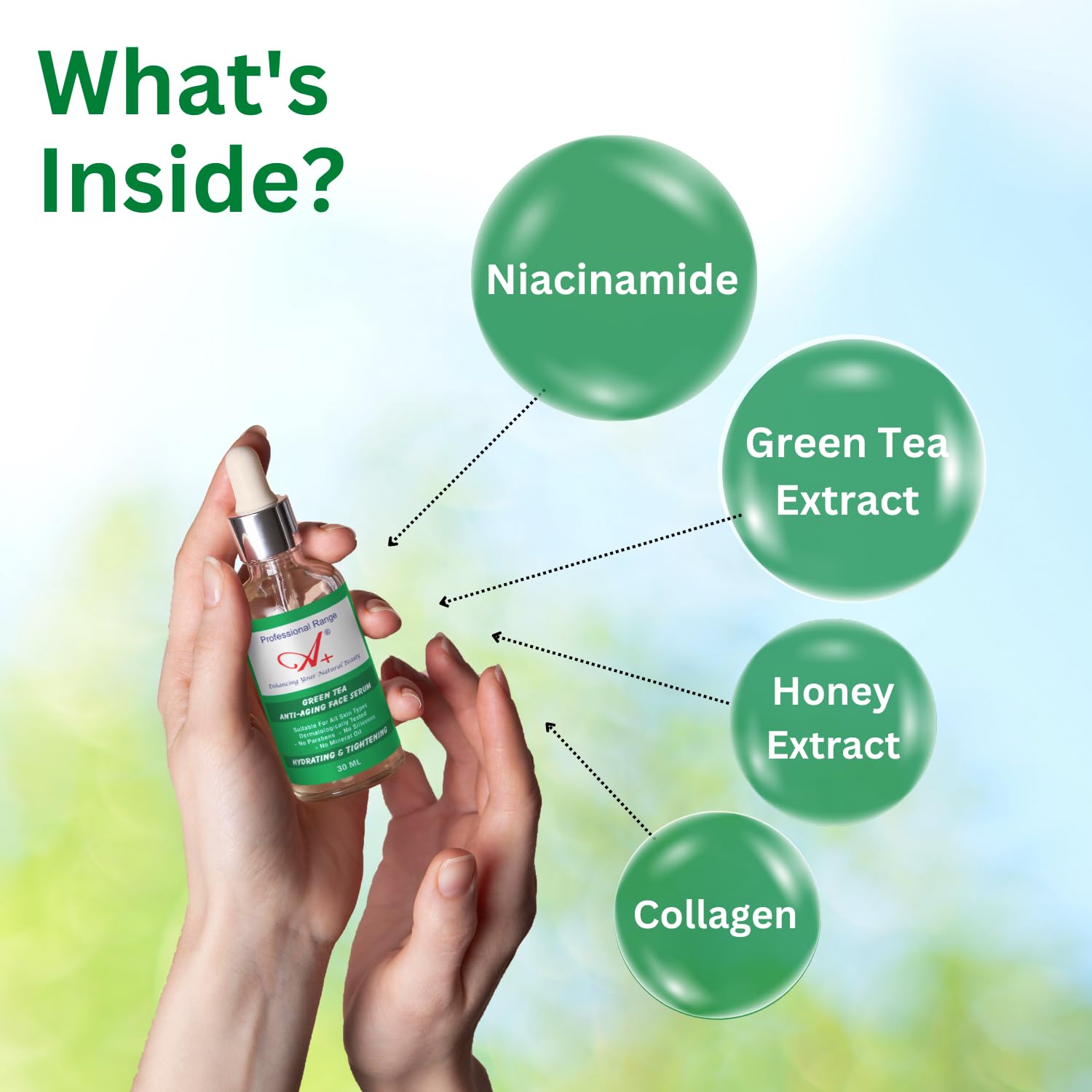 A+ Professional Green Tea Face Serum for Men and Women | Hydrating Formula with Green Tea & Vitamin C | Helps Reduce Fine Lin