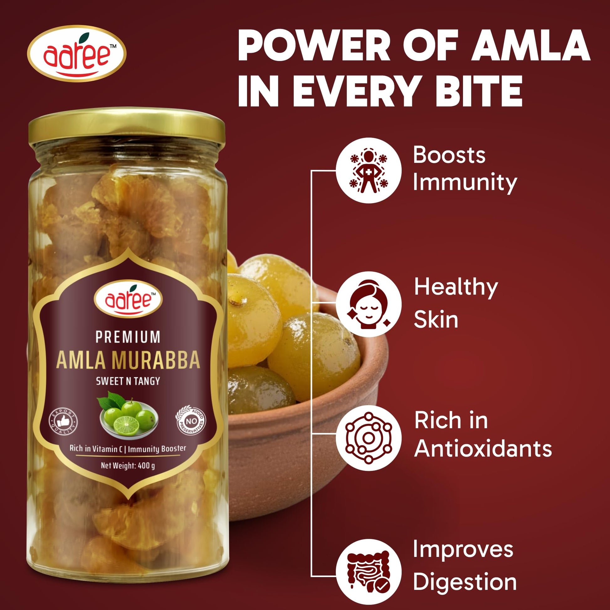 AAREE Dried Amla Murabba 400g | Traditional Healthy Sweet | 100% Natural Vitamin C Digestive Snack - ingredients panel
