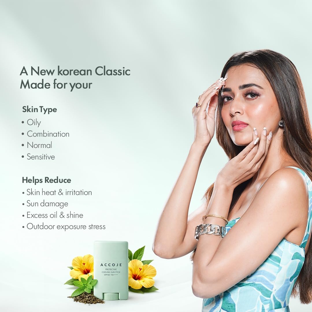ACCOJE Protective Cooling Sun Stick SPF50+ PA++++ Sunscreen, 15g, Jeju Green Tea, Pine Leaf Extract, Vegan - front view
