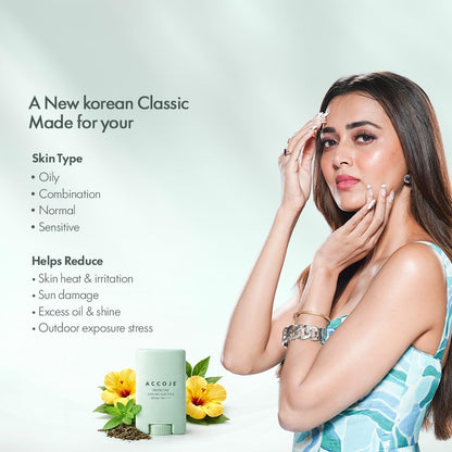 ACCOJE Protective Cooling Sun Stick SPF50+ PA++++ Sunscreen, 15g, Jeju Green Tea, Pine Leaf Extract, Vegan - front view