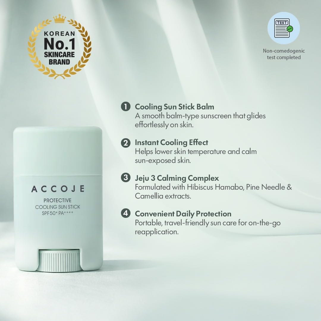 ACCOJE Protective Cooling Sun Stick SPF50+ PA++++ Sunscreen, 15g, Jeju Green Tea, Pine Leaf Extract, Vegan - back view