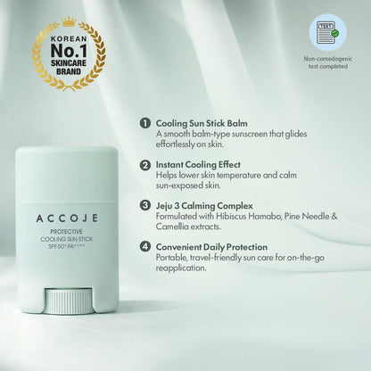 ACCOJE Protective Cooling Sun Stick SPF50+ PA++++ Sunscreen, 15g, Jeju Green Tea, Pine Leaf Extract, Vegan - back view