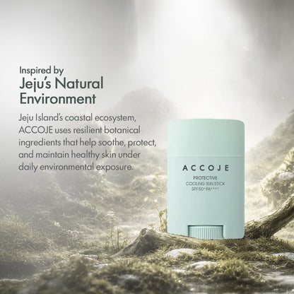 ACCOJE Protective Cooling Sun Stick SPF50+ PA++++ Sunscreen, 15g, Jeju Green Tea, Pine Leaf Extract, Vegan - label detail