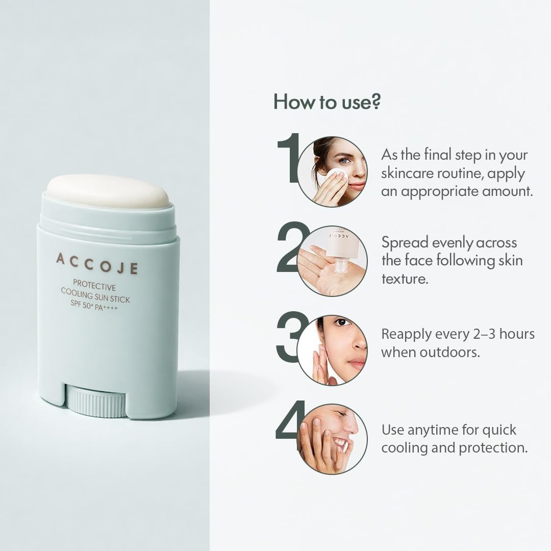 ACCOJE Protective Cooling Sun Stick SPF50+ PA++++ Sunscreen, 15g, Jeju Green Tea, Pine Leaf Extract, Vegan - ingredients pane