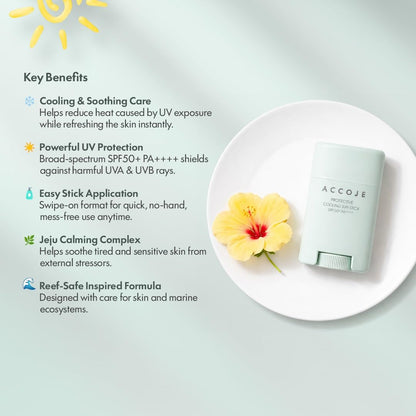ACCOJE Protective Cooling Sun Stick SPF50+ PA++++ Sunscreen, 15g, Jeju Green Tea, Pine Leaf Extract, Vegan - close-up detail