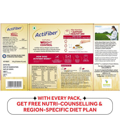 ActiFiber Nutritional Supplement, Soluble Fiber Powder, 240g (30 Sachets), Plant Origin - size and scale