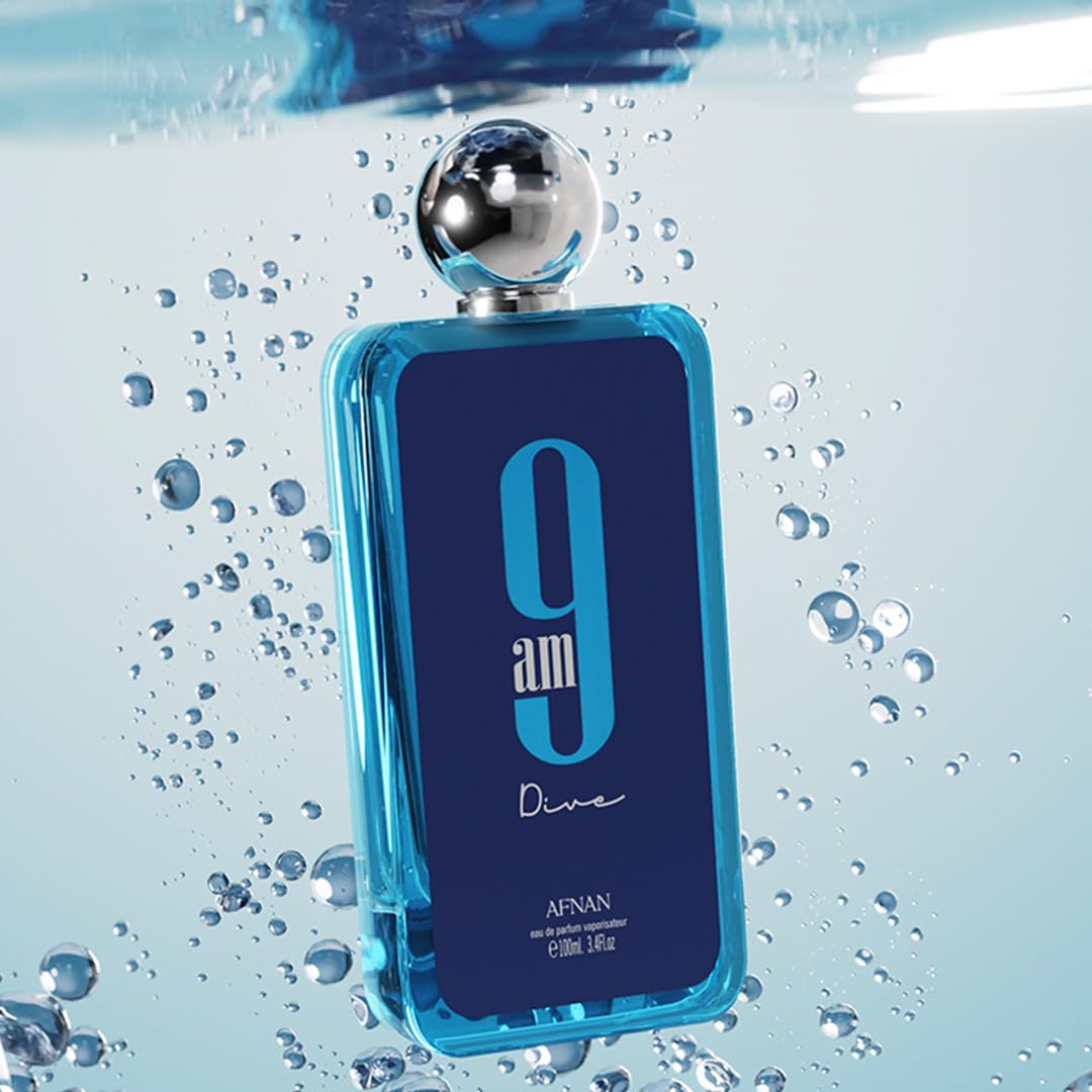 AFNAN 9AM Dive Men's Eau de Parfum, 100ml, with Lemon, Mint, Black Currant, Pink Pepper Notes - label detail