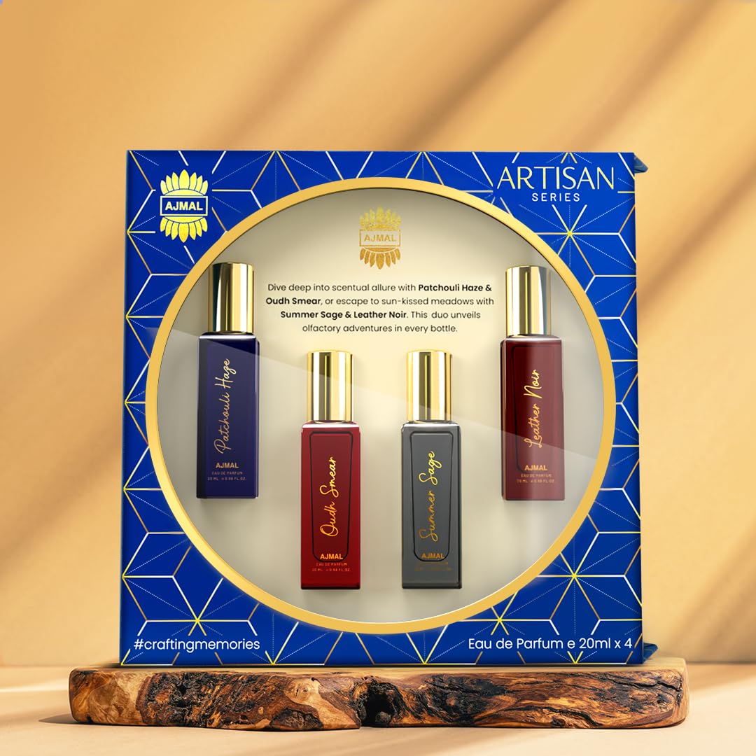 Ajmal Artisan Unisex Eau de Parfum Gift Set, 4x20ml Miniatures, Floral Citrus Woody Fragrance - label detail