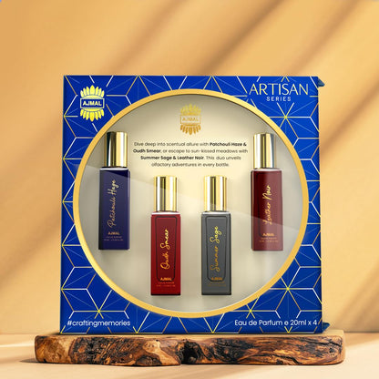 Ajmal Artisan Unisex Eau de Parfum Gift Set, 4x20ml Miniatures, Floral Citrus Woody Fragrance - label detail