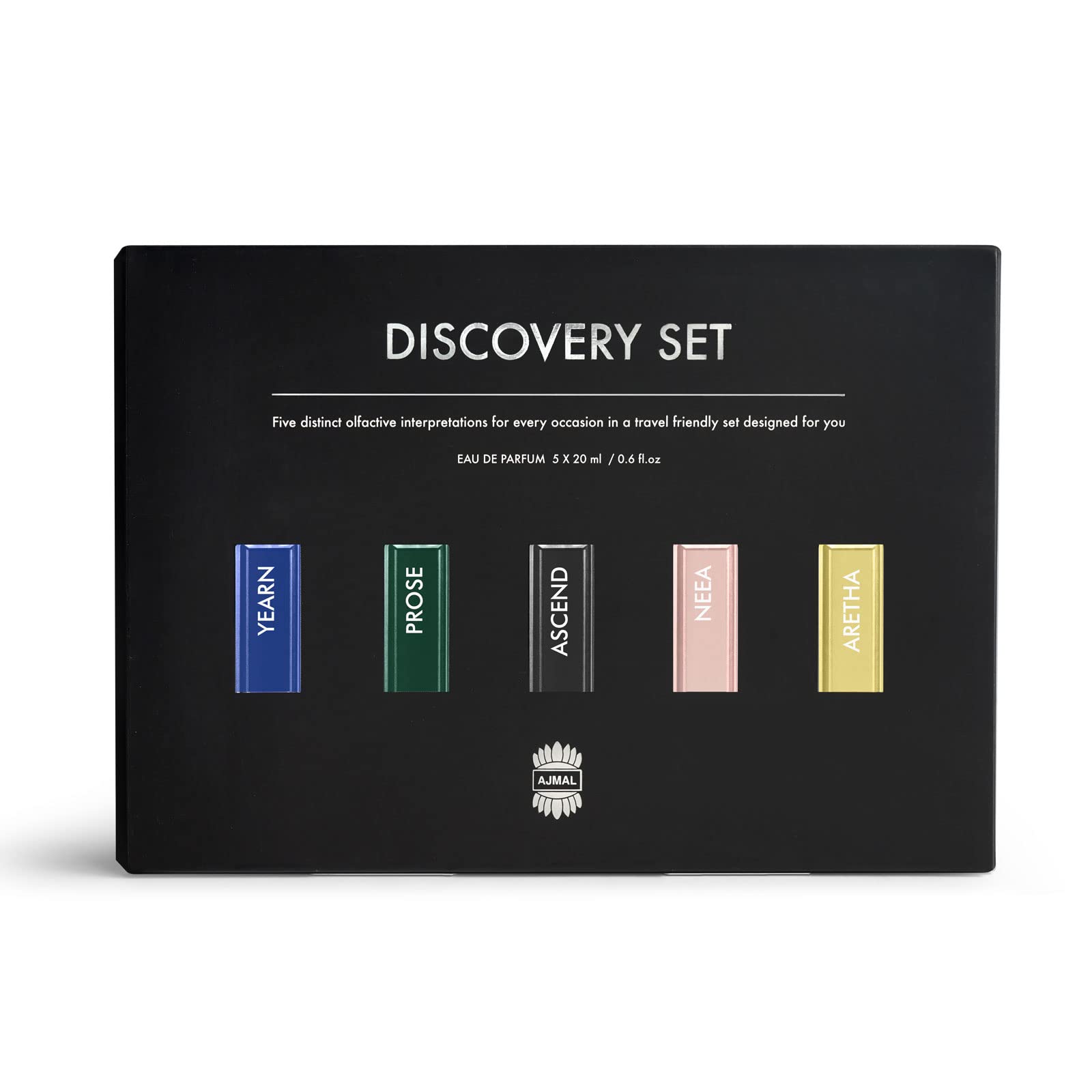 Ajmal Discover Unisex Perfume Gift Set, 5x20ml Eau de Parfum Miniatures, Floral Citrus Woody Musky Oriental - front view