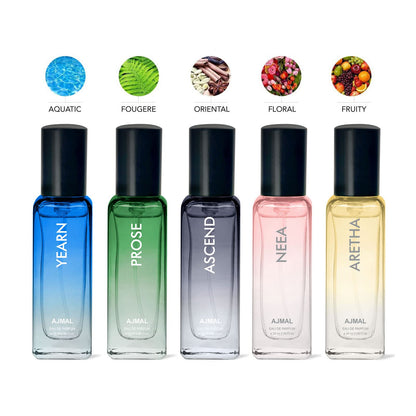 Ajmal Discover Unisex Perfume Gift Set, 5x20ml Eau de Parfum Miniatures, Floral Citrus Woody Musky Oriental - label detail