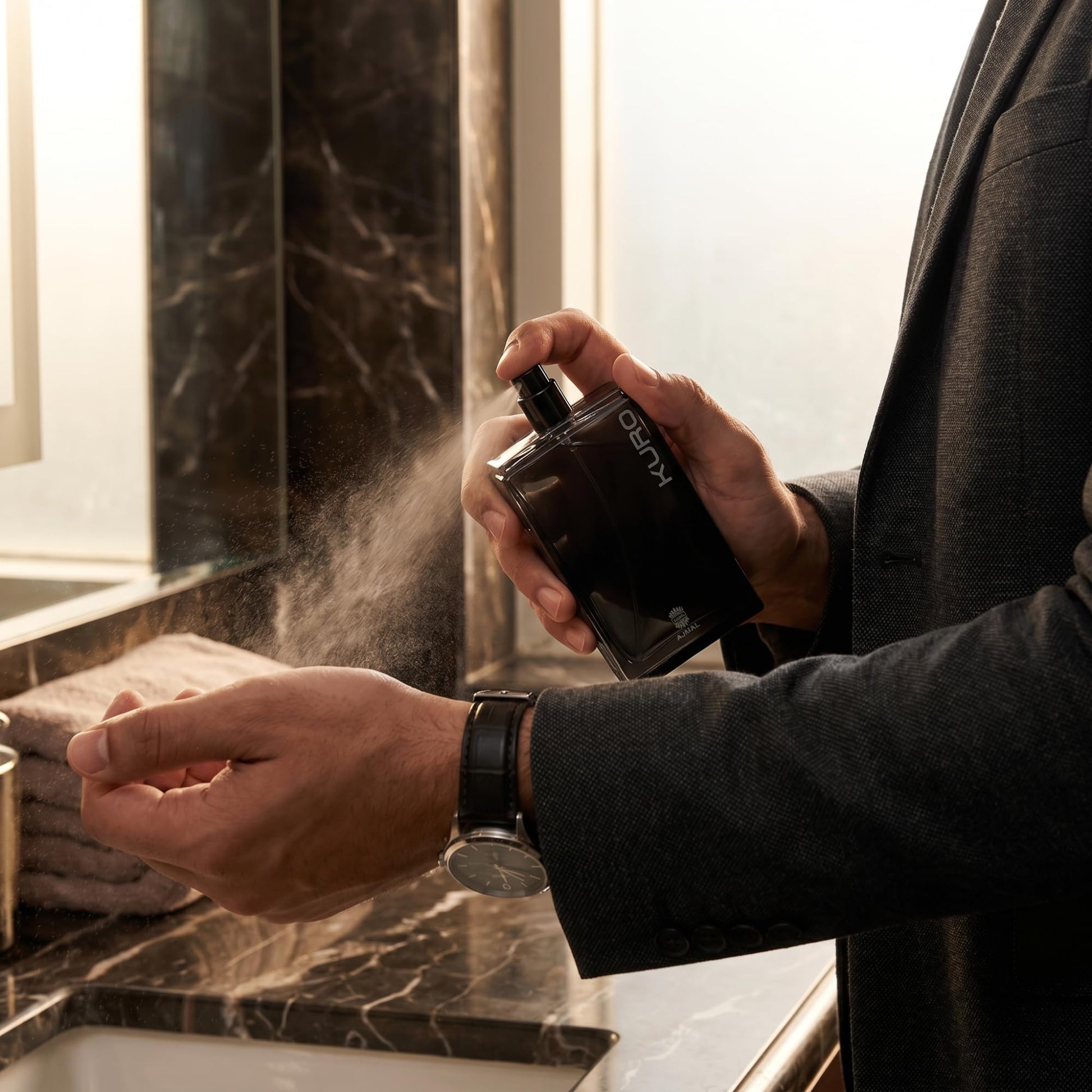 Ajmal Kuro Eau de Parfum for Men, 90ml, Aromatic Spicy Woody Fragrance with Lavender, Pepper & Ambergris - size and scale