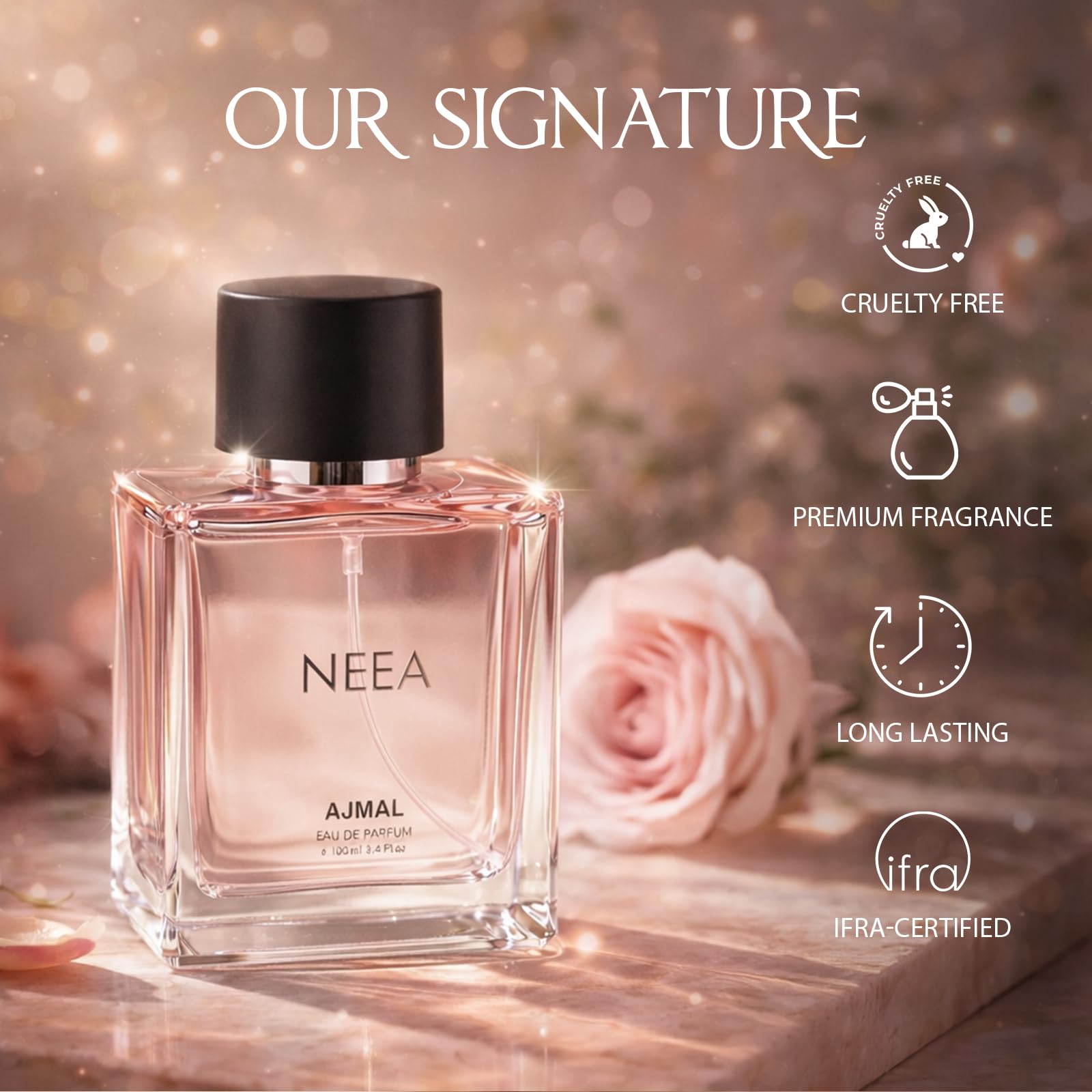 Ajmal Neea Eau de Parfum Floral Spray for Women, 100ml, Modern Style, Plus 2 Testers - close-up detail