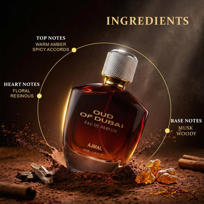 Ajmal Oud of Dubai Eau de Parfum 100ml Unisex Spray Woody Musky Oud Oriental Fragrance - packaging
