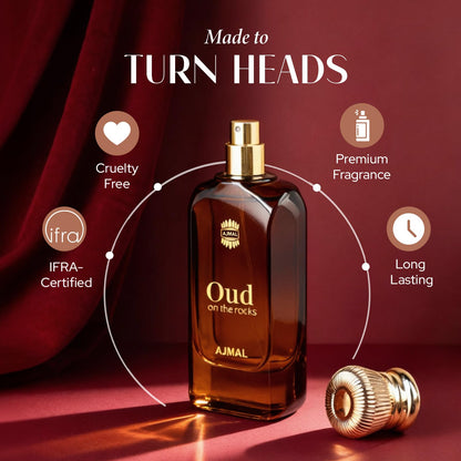 Ajmal Oud On The Rocks Unisex Eau De Parfum by UNO Formulations, Smoky Oud Woody Amber Scent Spray - ingredients panel