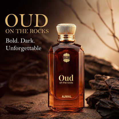 Ajmal Oud On The Rocks Unisex Eau De Parfum by UNO Formulations, Smoky Oud Woody Amber Scent Spray - front view