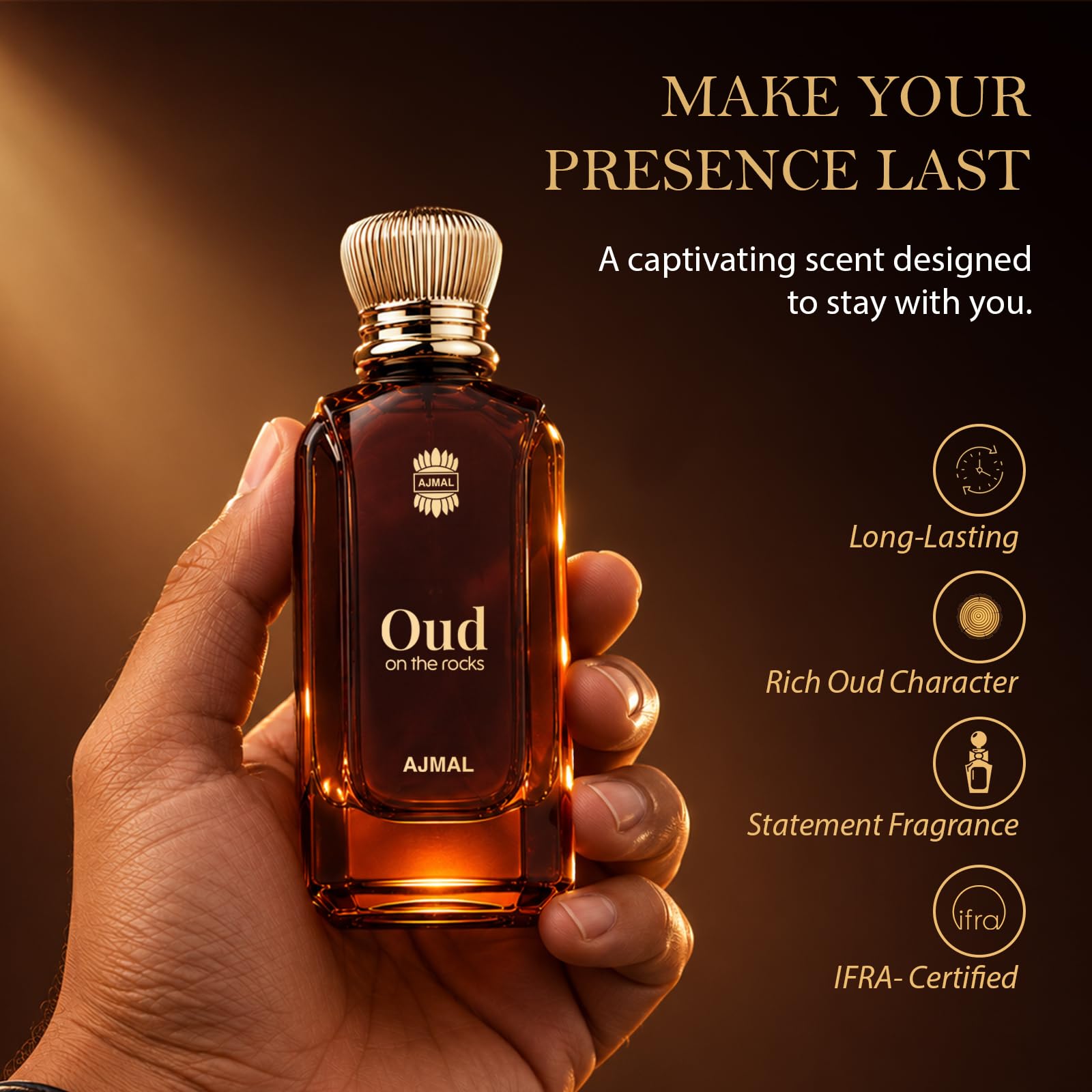 Ajmal Oud On The Rocks Unisex Eau De Parfum by UNO Formulations, Smoky Oud Woody Amber Scent Spray - packaging