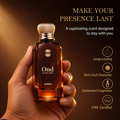 Ajmal Oud On The Rocks Unisex Eau De Parfum by UNO Formulations, Smoky Oud Woody Amber Scent Spray - packaging