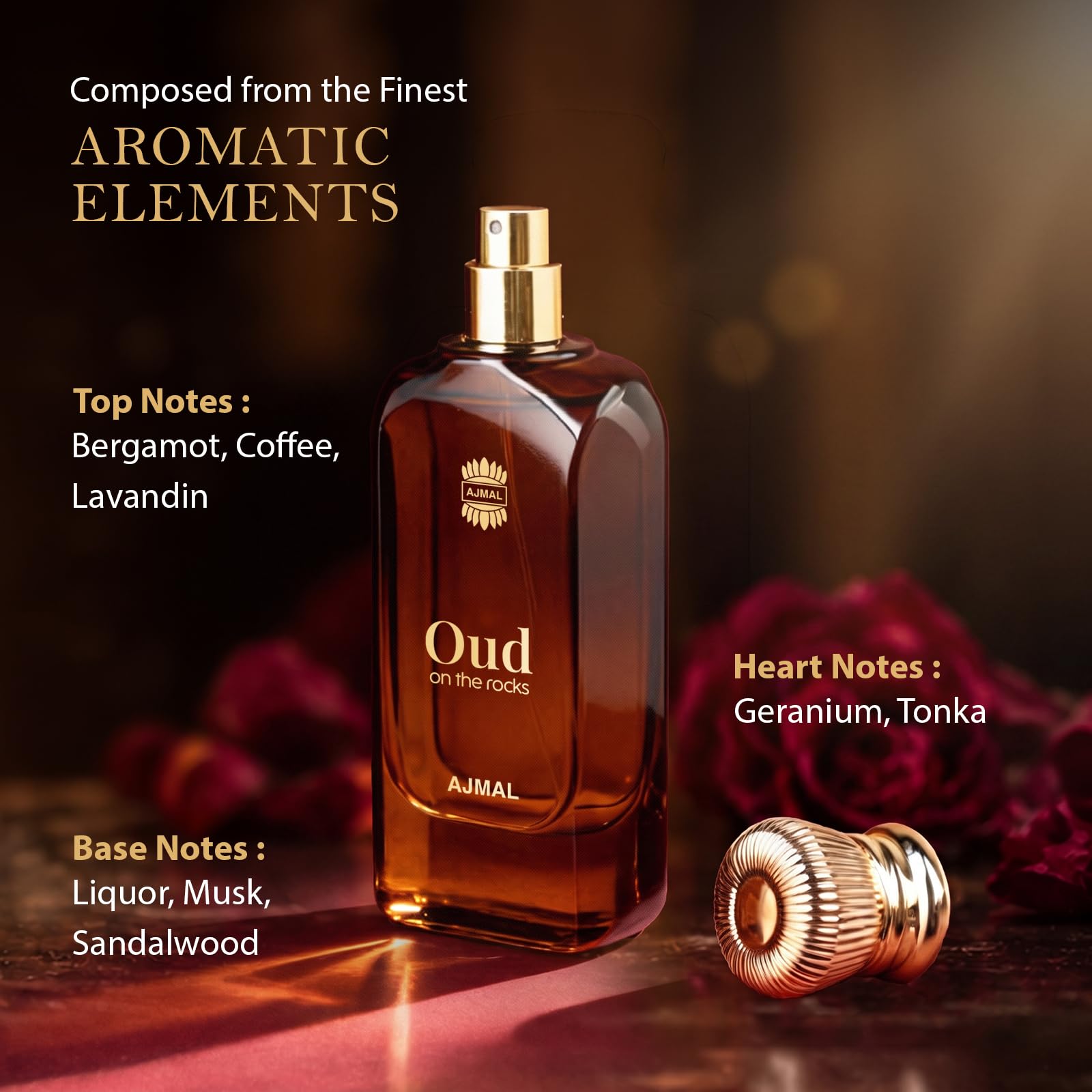 Ajmal Oud On The Rocks Unisex Eau De Parfum by UNO Formulations, Smoky Oud Woody Amber Scent Spray - label detail