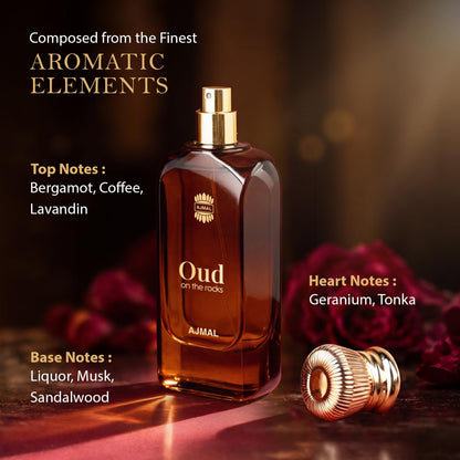 Ajmal Oud On The Rocks Unisex Eau De Parfum by UNO Formulations, Smoky Oud Woody Amber Scent Spray - label detail