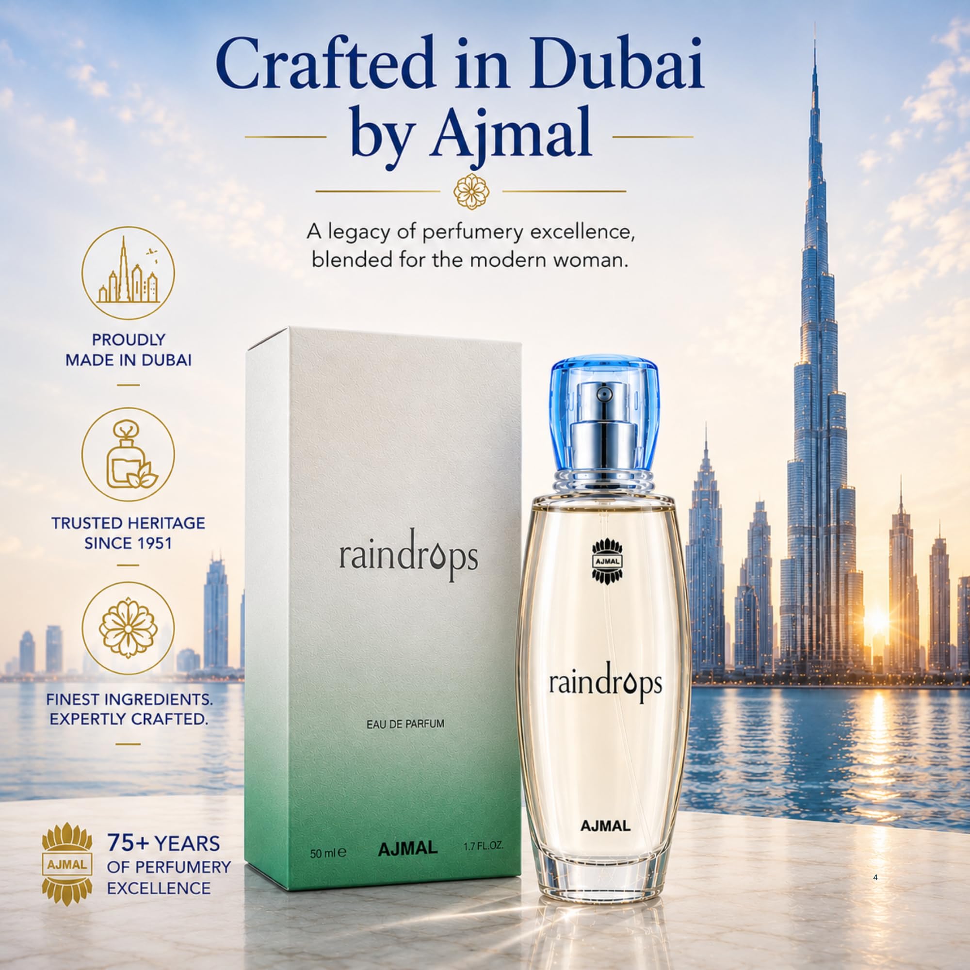 Ajmal Raindrops Eau De Parfum for Women, 50ml, Floral Fruity Fragrance - packaging