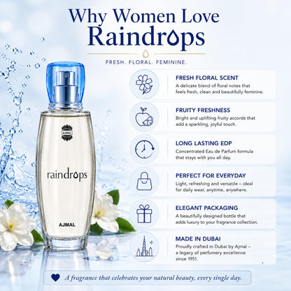 Ajmal Raindrops Eau De Parfum for Women, 50ml, Floral Fruity Fragrance - close-up detail