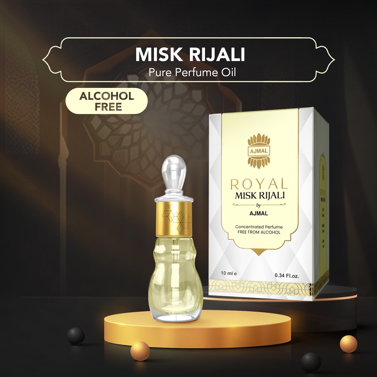 Ajmal Royal Misk Rijali Attar 10ml Alcohol-Free Concentrated Perfume Oil Unisex Woody Musky Oriental - front view