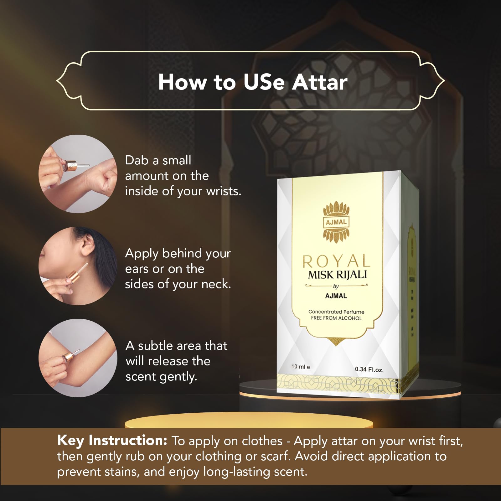 Ajmal Royal Misk Rijali Attar 10ml Alcohol-Free Concentrated Perfume Oil Unisex Woody Musky Oriental - packaging
