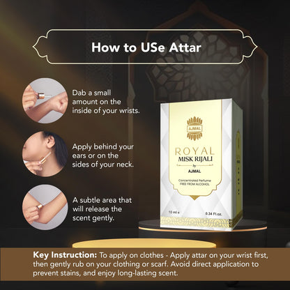 Ajmal Royal Misk Rijali Attar 10ml Alcohol-Free Concentrated Perfume Oil Unisex Woody Musky Oriental - packaging