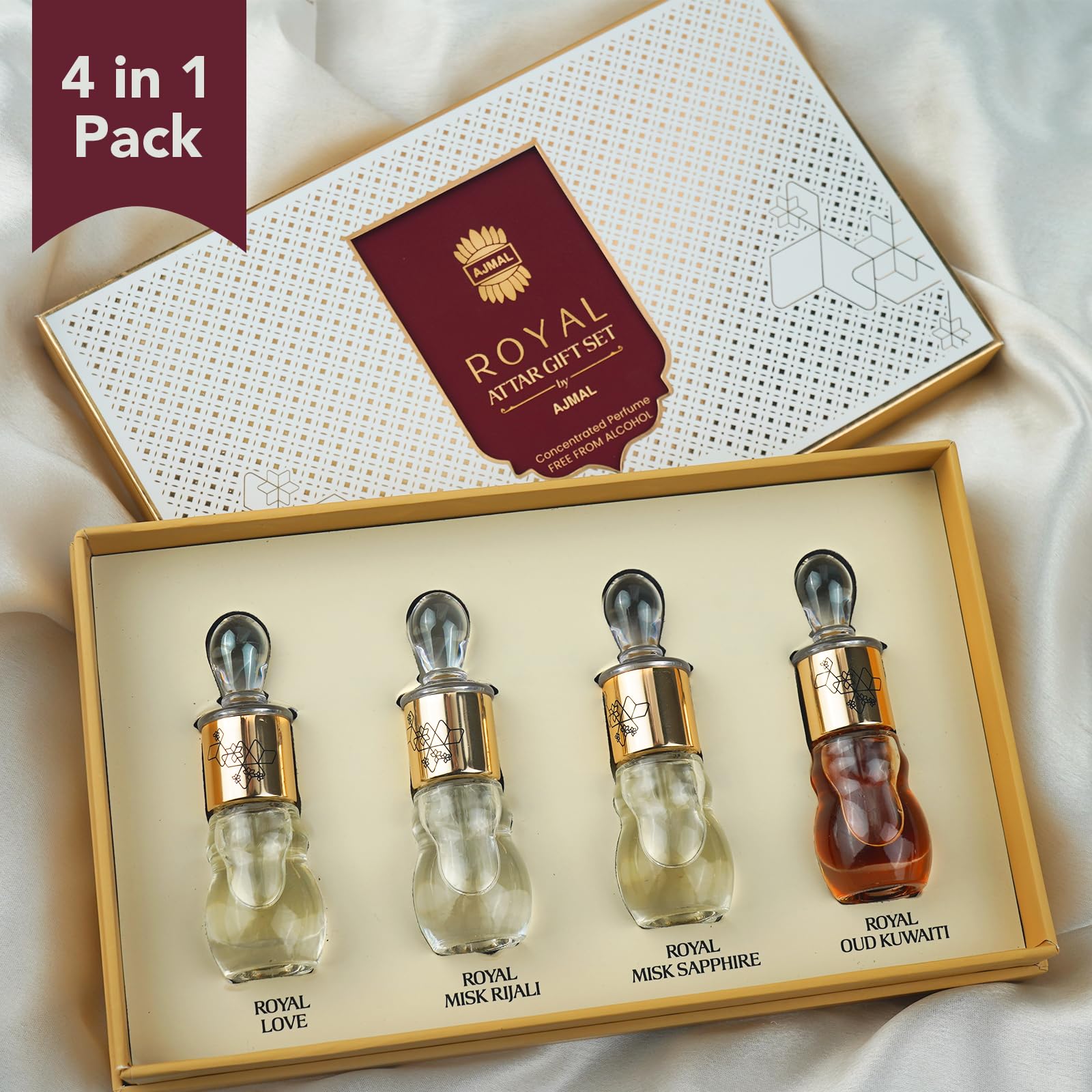 Ajmal Royal Series Attar Perfume Gift Set(4X5ml) | Non-Alcoholic Roll-On Perfume Oils | Ittar Perfume for Men & Women with Wo