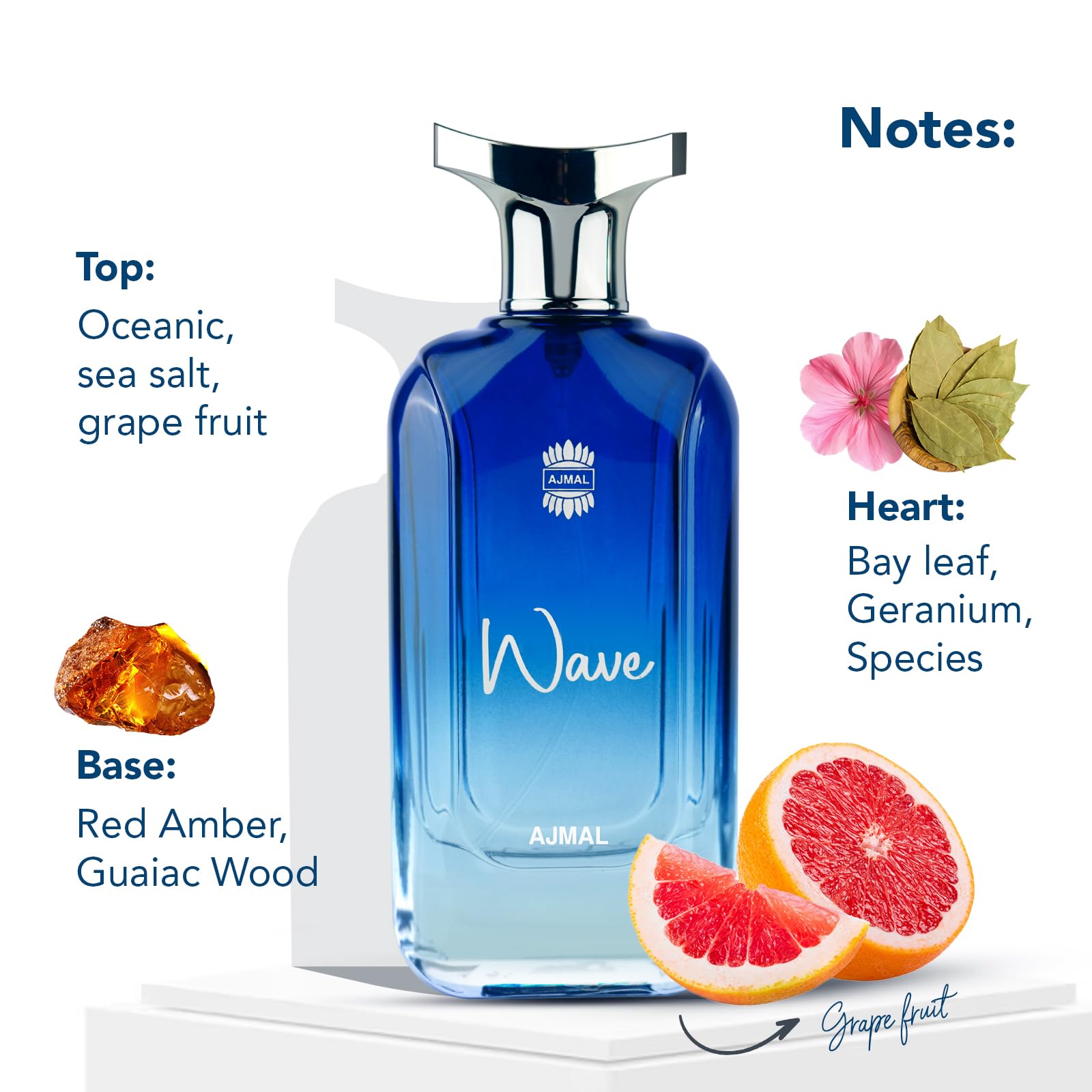 Ajmal Wave Eau de Parfum for Adult Men, 100ml Spray, Sea Salt Grapefruit Woody Notes, 1 Count - packaging