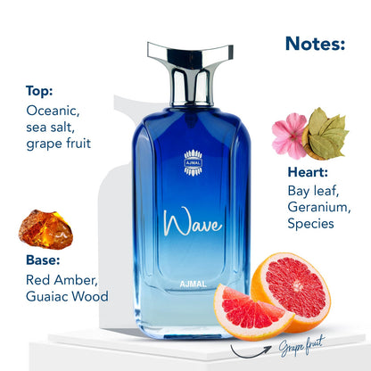 Ajmal Wave Eau de Parfum for Adult Men, 100ml Spray, Sea Salt Grapefruit Woody Notes, 1 Count - packaging