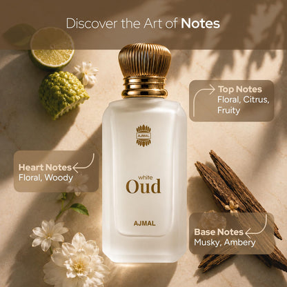 Ajmal White Oud Eau de Parfum, Unisex Floral Woody Musky Personal Fragrance - packaging