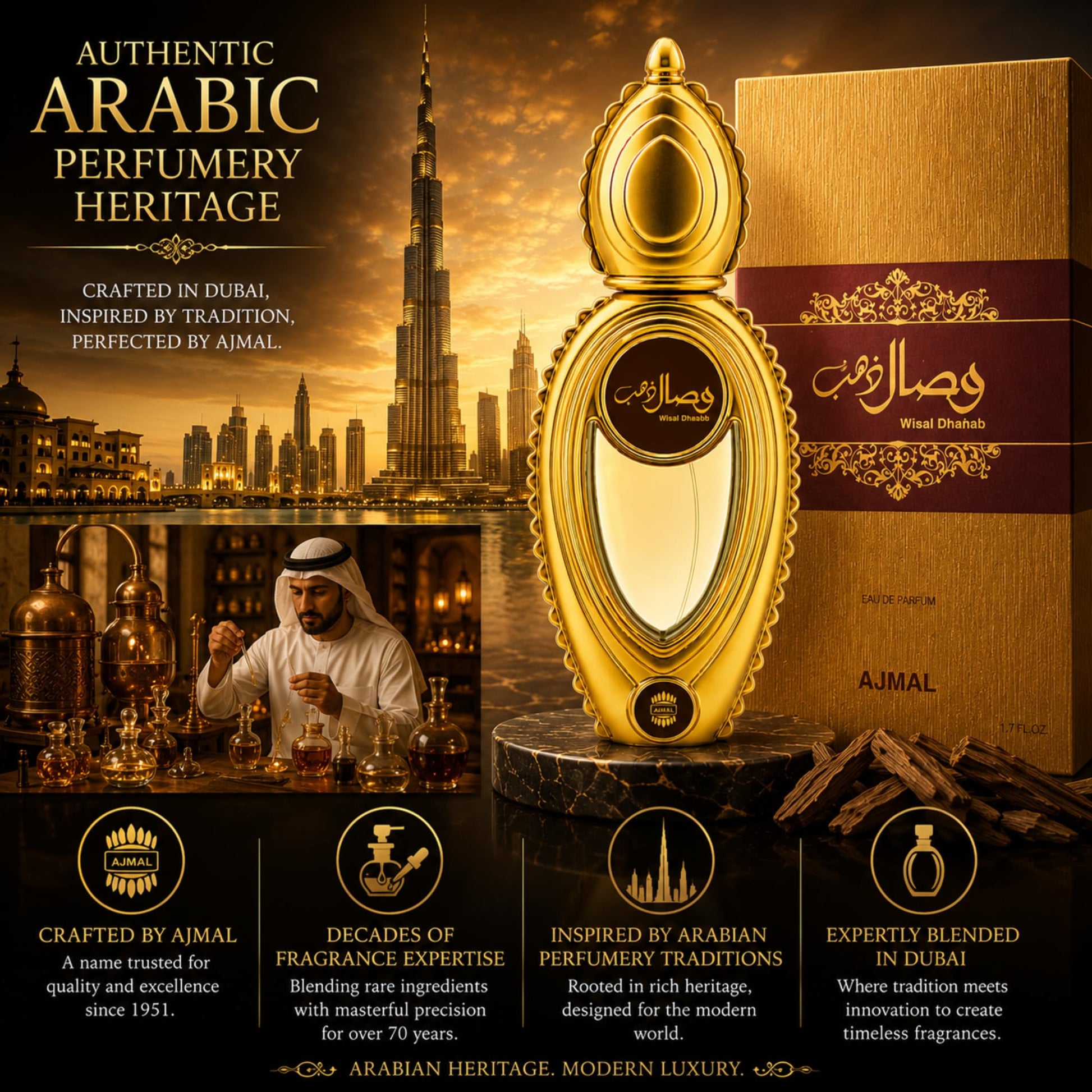 Ajmal Wisal Dhahab Eau de Parfum for Men, 50ml, Woody Musky Fragrance with Fruity Floral Notes - packaging
