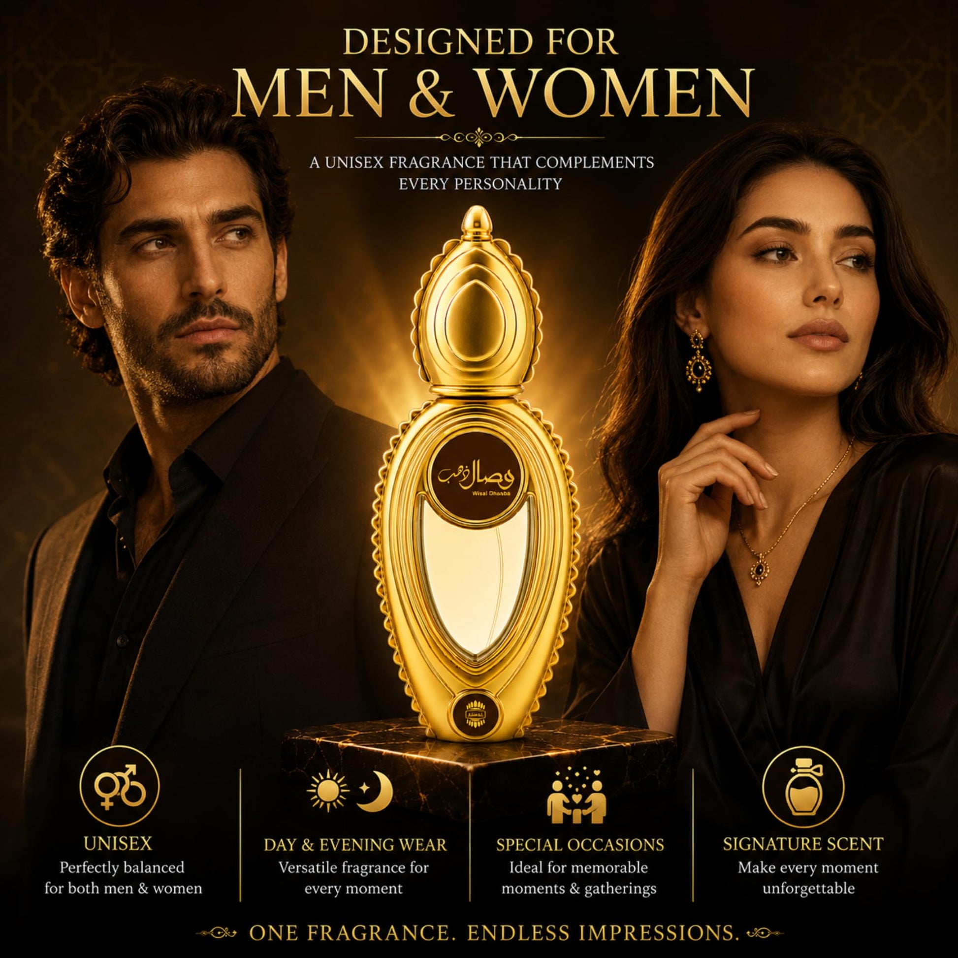 Ajmal Wisal Dhahab Eau de Parfum for Men, 50ml, Woody Musky Fragrance with Fruity Floral Notes - label detail