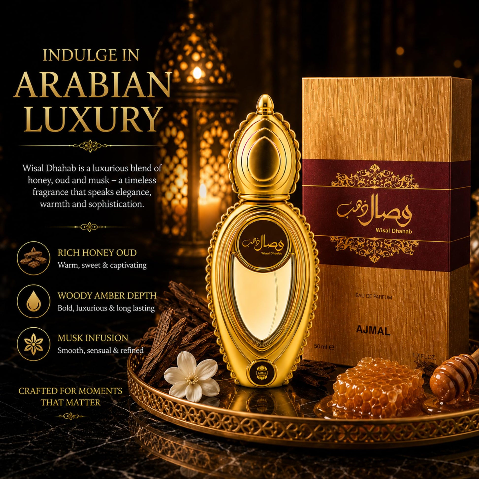 Ajmal Wisal Dhahab Eau de Parfum for Men, 50ml, Woody Musky Fragrance with Fruity Floral Notes - in use