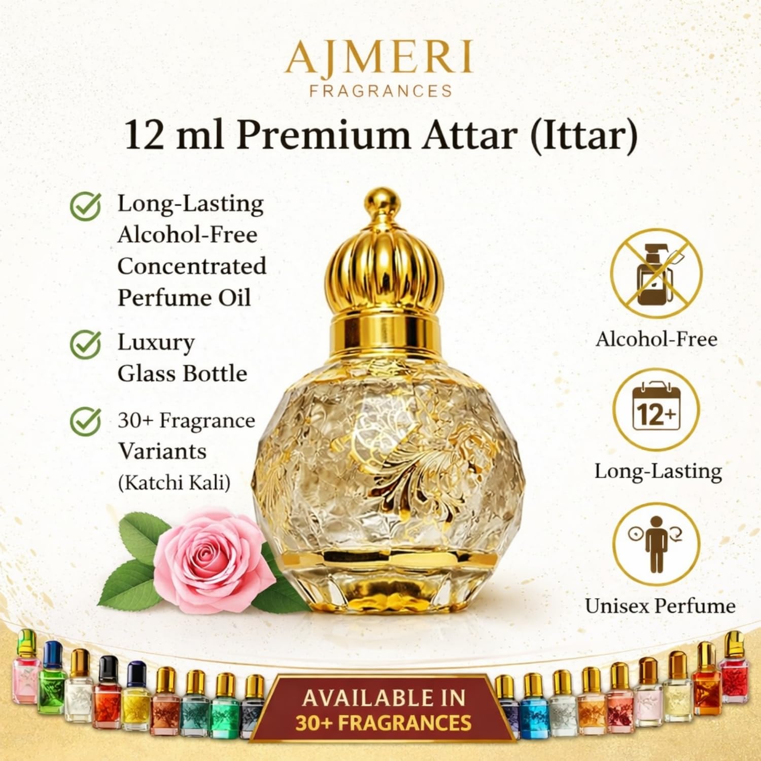 AJMERI FRAGRANCES Alcohol-Free Attar Oil, 12ml, Unisex Perfume Oil, Glass Bottle - front view (13)