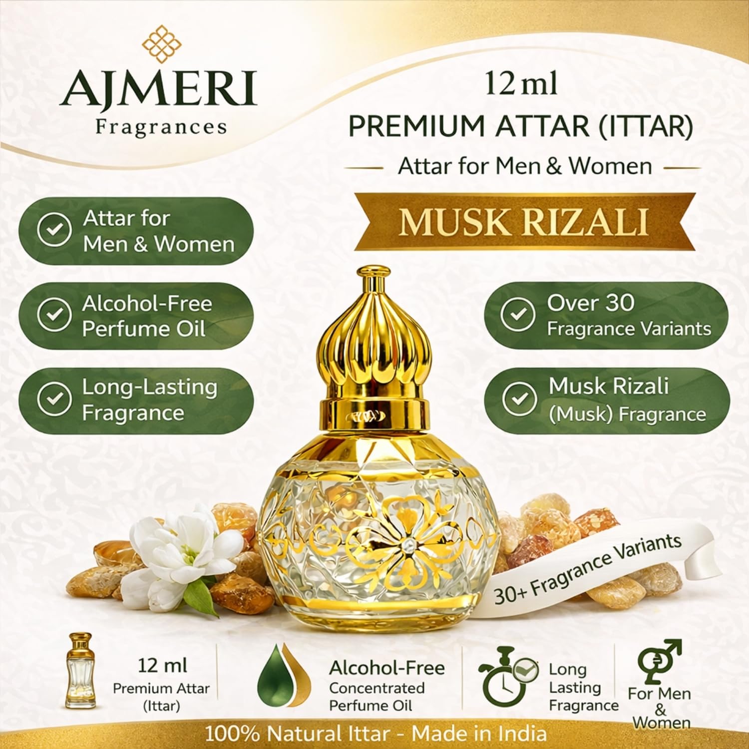AJMERI FRAGRANCES Alcohol-Free Attar Oil, 12ml, Unisex Perfume Oil, Glass Bottle - back view (28)