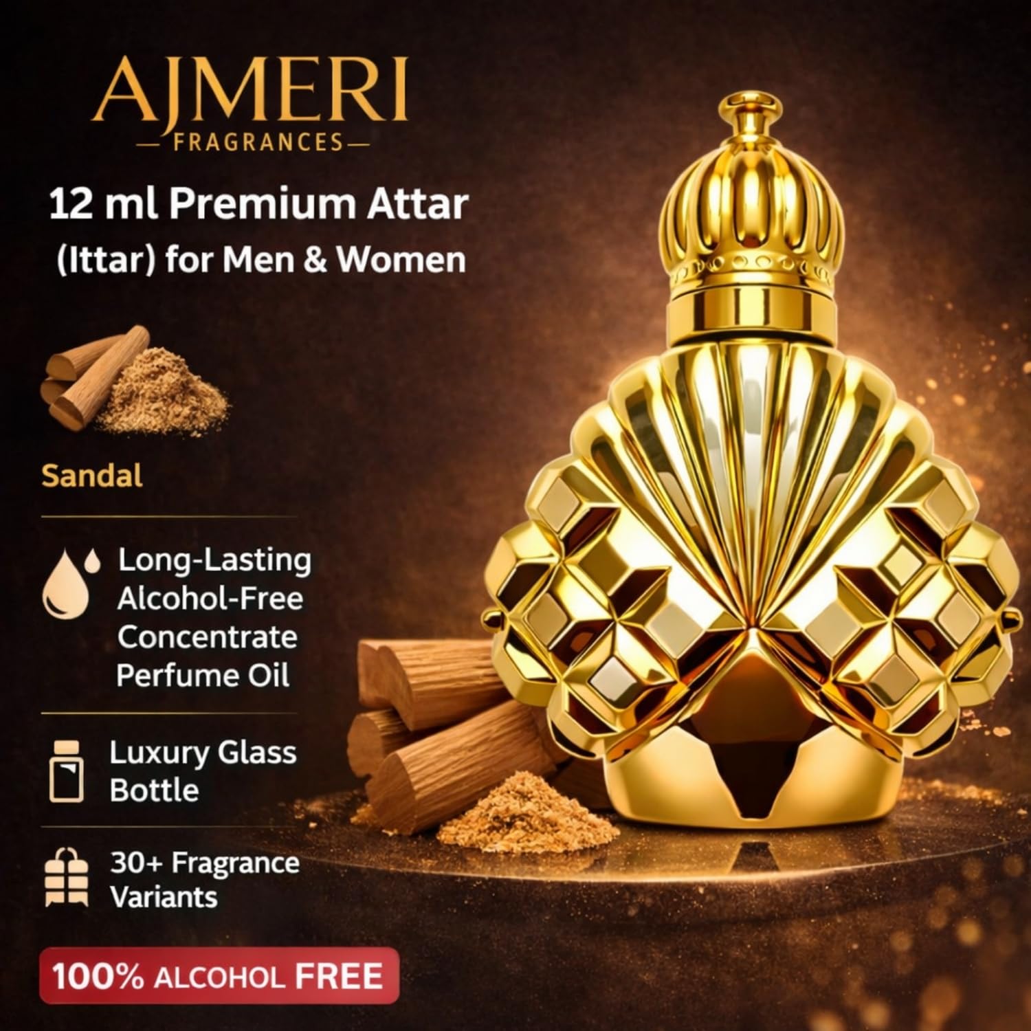 AJMERI FRAGRANCES Alcohol-Free Attar Oil, 12ml, Unisex Perfume Oil, Glass Bottle - front view (42)