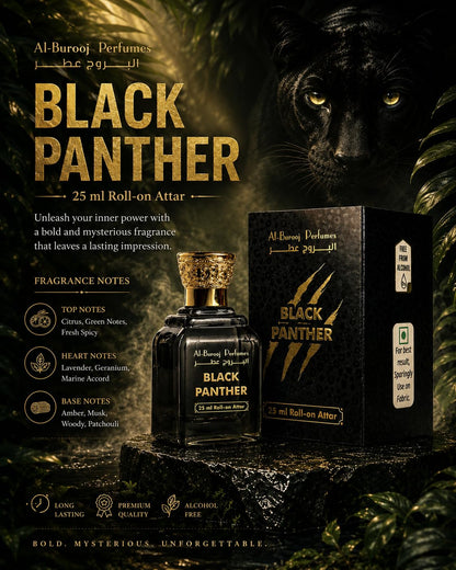 Al-Burooj Perfumes Black Panther Roll-On Attar 25ml, Alcohol-Free Unisex Fragrance Oil, Aromatic Woody Fresh Spicy - front vi