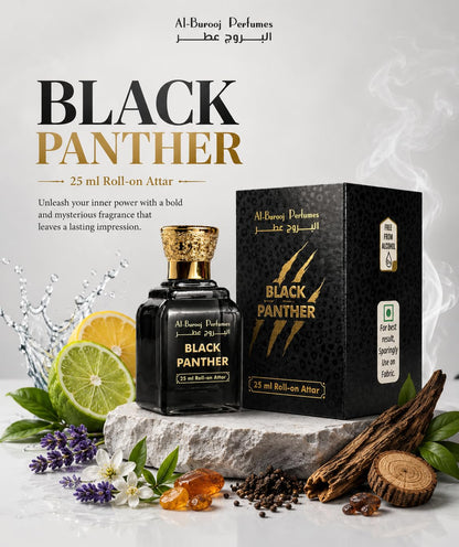 Al-Burooj Perfumes Black Panther Roll-On Attar 25ml, Alcohol-Free Unisex Fragrance Oil, Aromatic Woody Fresh Spicy - packagin