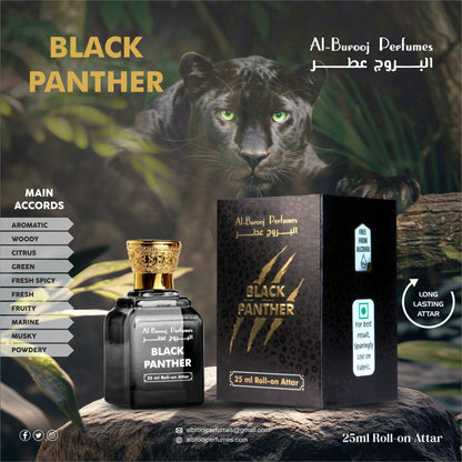 Al-Burooj Perfumes Black Panther Roll-On Attar 25ml, Alcohol-Free Unisex Fragrance Oil, Aromatic Woody Fresh Spicy - ingredie